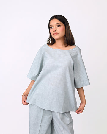 Loose Fit Linen Top - Blue