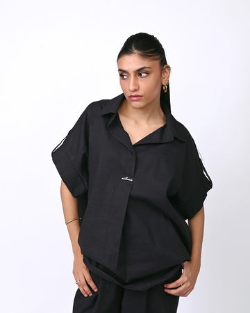 Loose Fit Linen Top - Black