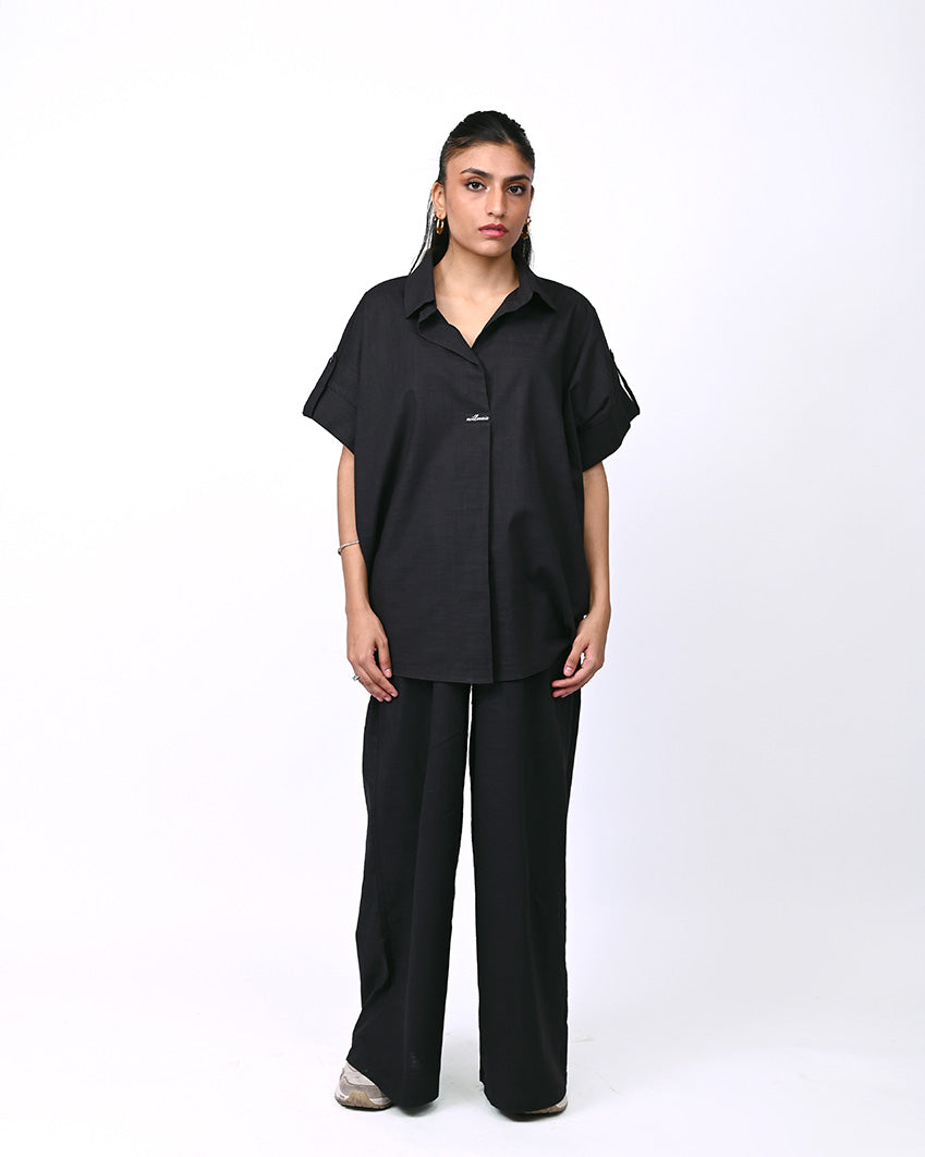 Loose Fit Linen Top - Black